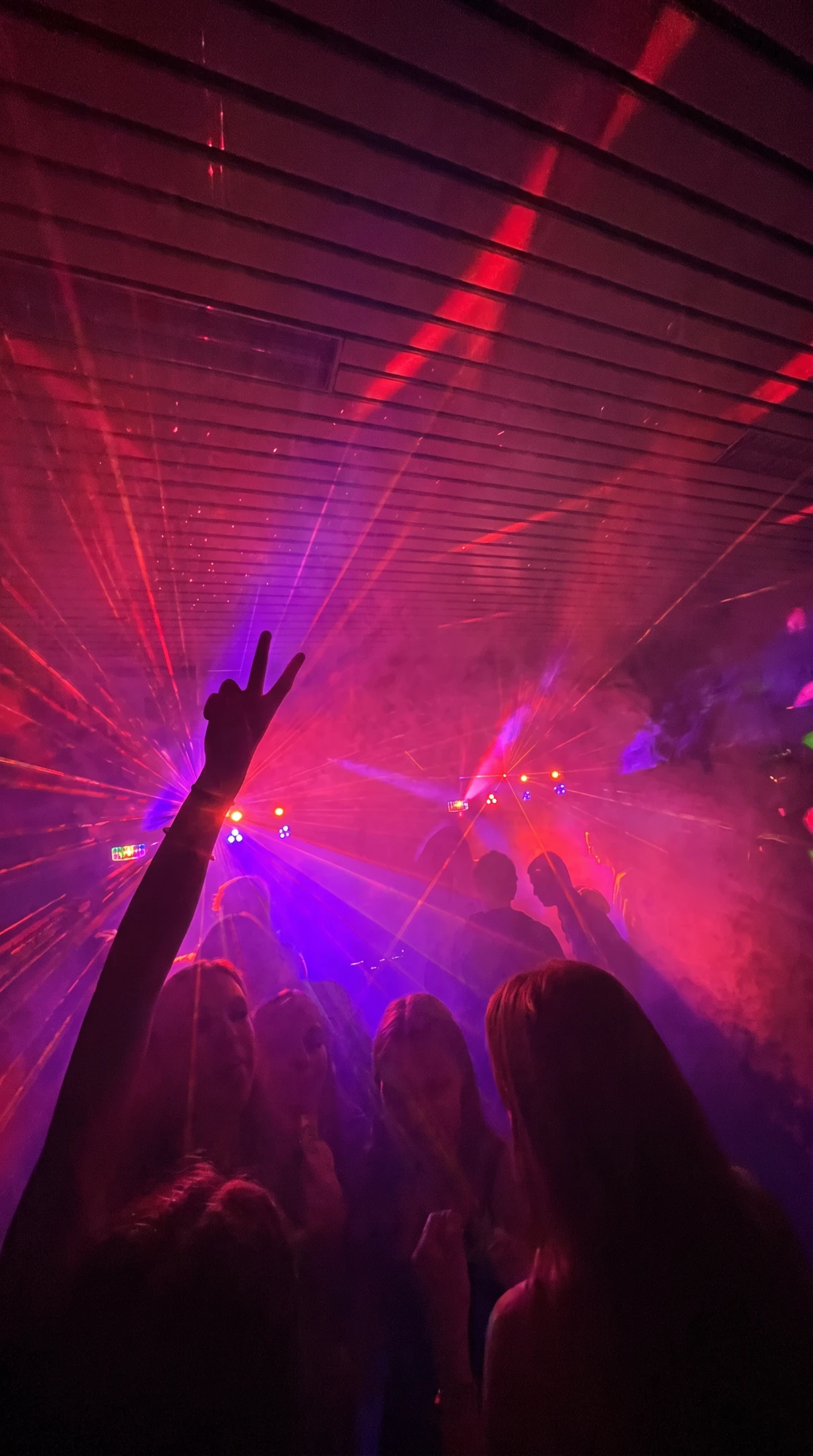 Dansvloer met lasers, rook en feestende gasten onder een gehuurde lichtshow