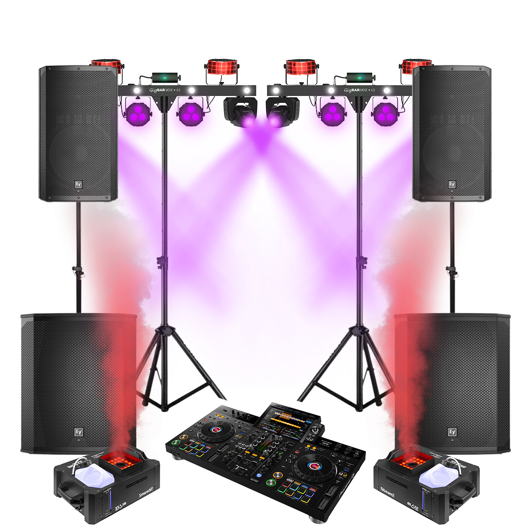 Ultra set met dubbele subwoofers, topspeakers, GigBAR lichtbarren met movingheads en rookmachines