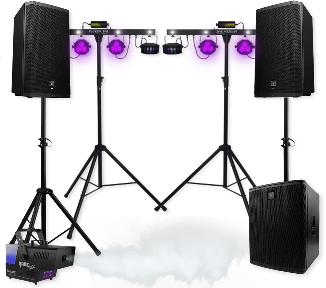 De vaste basisset van Lightmynight Complete grote licht- en geluidsset met Electro-Voice speakers, subwoofer en party bars, speelklaar opgebouwd