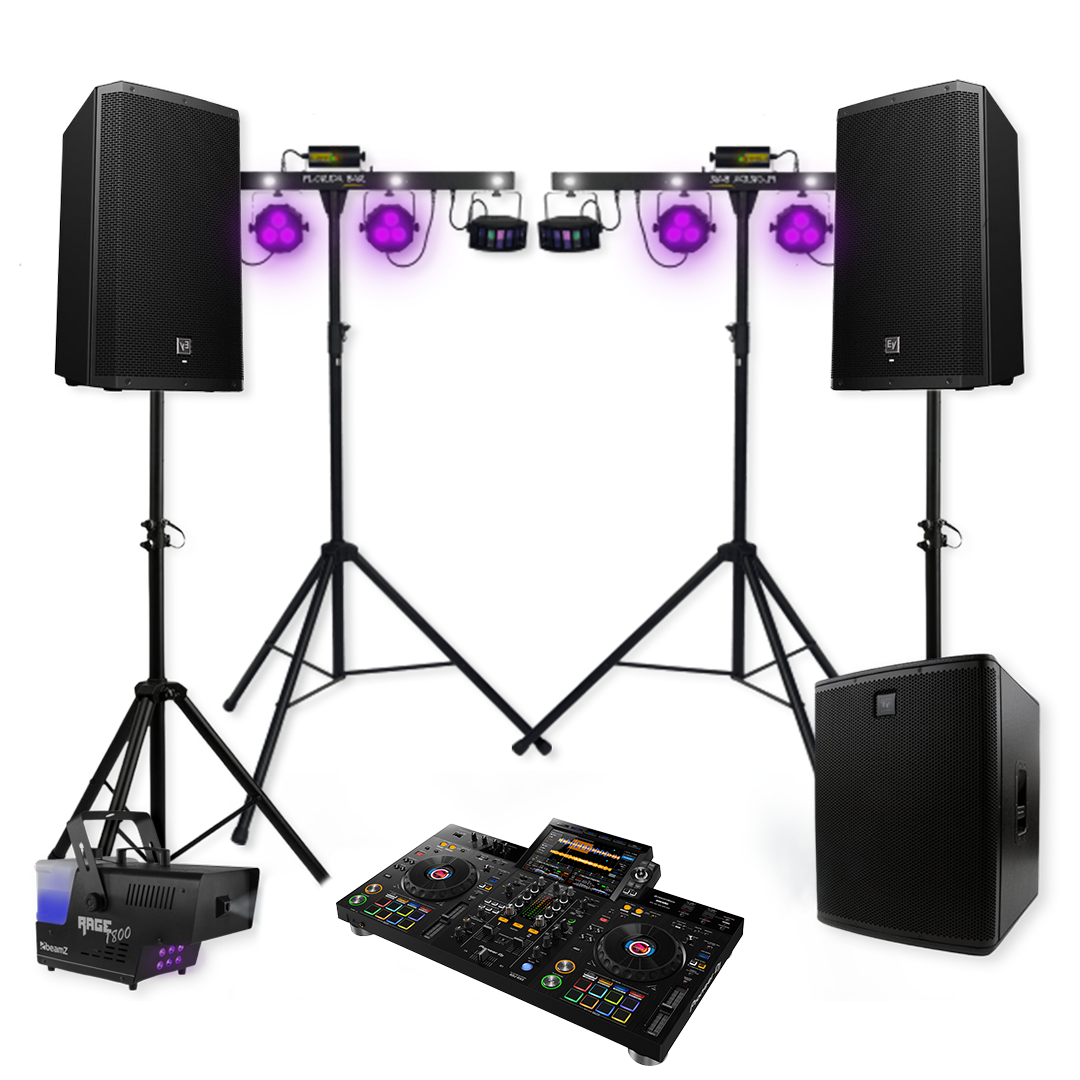 Complete grote licht- en geluidsset met Electro-Voice speakers, subwoofer, Pioneer RX3 en party bars, speelklaar opgebouwd