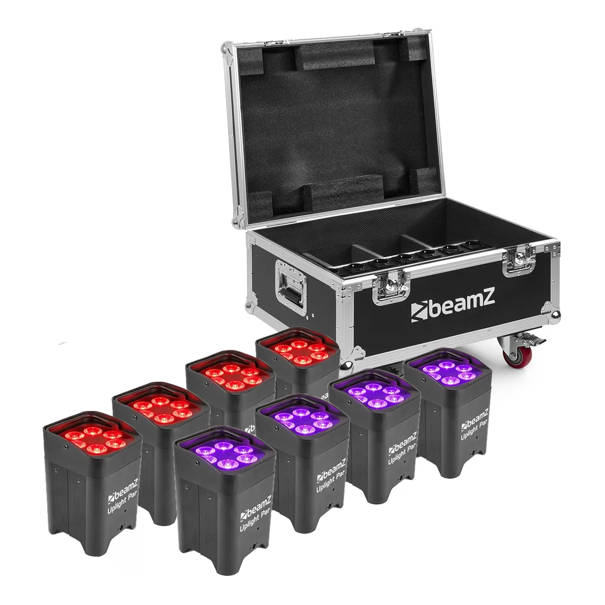 Set van 8 BeamZ BBP59 draadloze accu-uplighters in flightcase huren — niet waterdicht