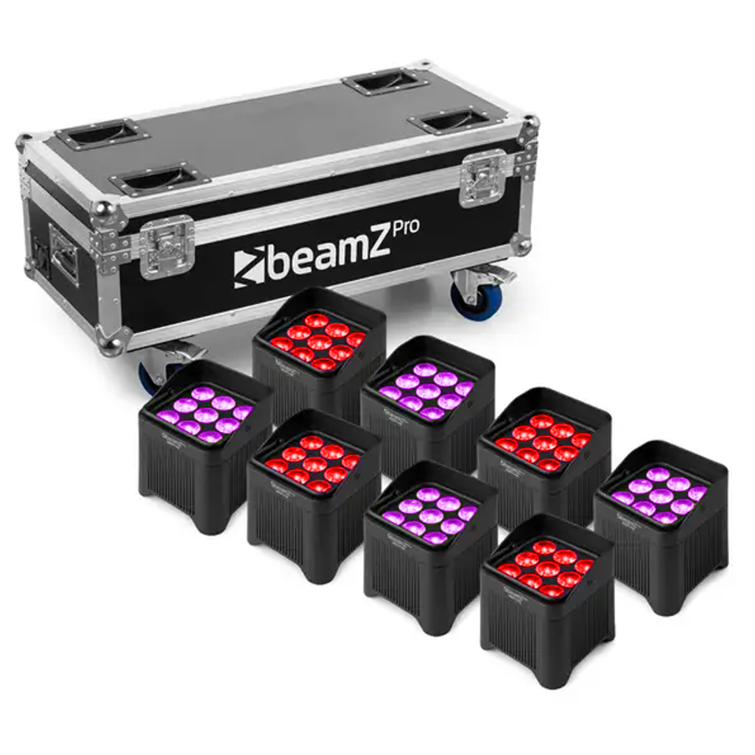 Set van 8 BeamZ BBP59 waterdichte draadloze accu-uplighters met laad-flightcase huren