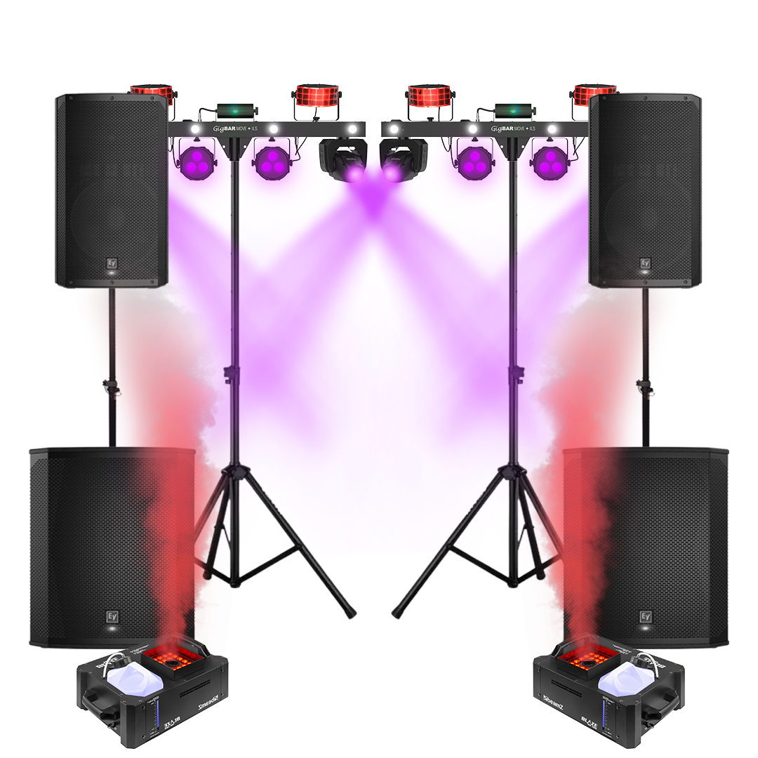 Ultra set met dubbele subwoofers, topspeakers, GigBAR lichtbarren met movingheads en rookmachines